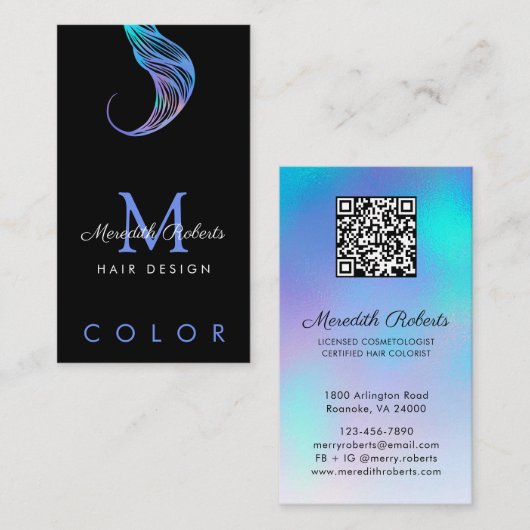 Stylist Opal Blue QR-Code Monogramm Visitenkarte (Vorne/Hinten)