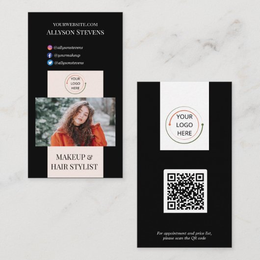 Stylist QR Code für moderne Blush & Black Makeup Visitenkarte (Vorne/Hinten)