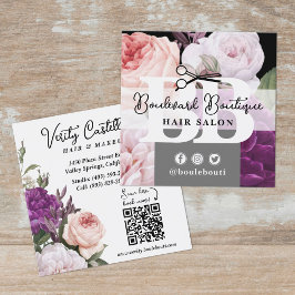 Stylist QR-Code für Schwarzweißblumenhaarsalon Quadratische Visitenkarte