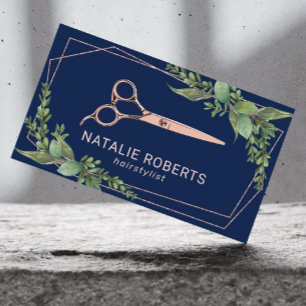 Stylist Rose Gold Geometric Greenery Navy Visitenkarte