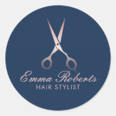 Stylist Rose Gold Schere Elegant Navy Blue Runder Aufkleber (Vorderseite)