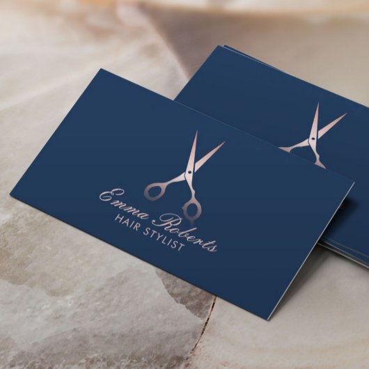 Stylist Rose Gold Schere Elegant Navy Blue Visitenkarte