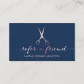 Stylist-Rose Gold-Schere Navy Blue-Referenz Empfehlungskarte (Vorderseite)