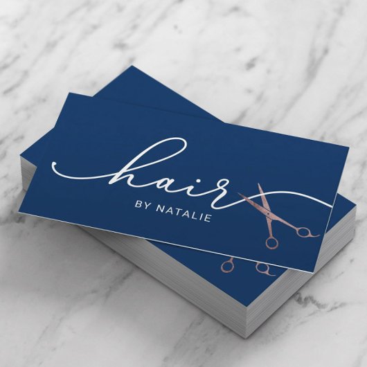 Stylist-Rose Goldschere Typografie Navy Visitenkarte