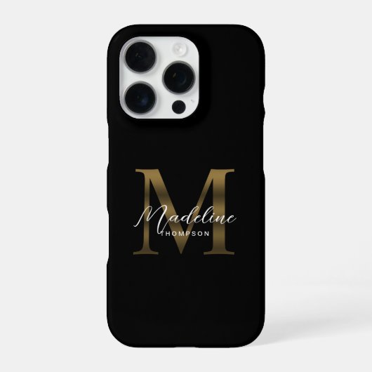Stylist Script Metallic Black Gold Monogram iPhone Hülle (Rückseite)
