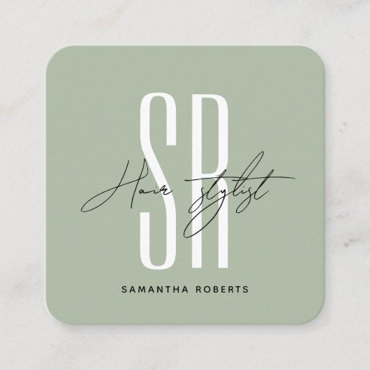 Stylistin moderne Salbei-grüne Monogramm-Initialen Quadratische Visitenkarte (Vorderseite)