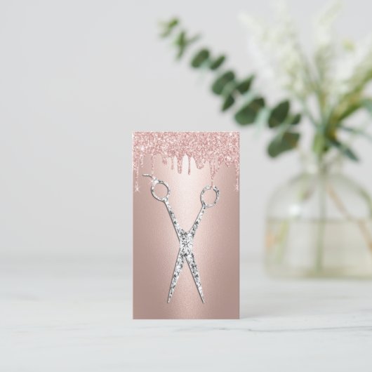 Stylistische Rose Gold Tropfen Diamantschere Salon Visitenkarte (Stehend Vorderseite)