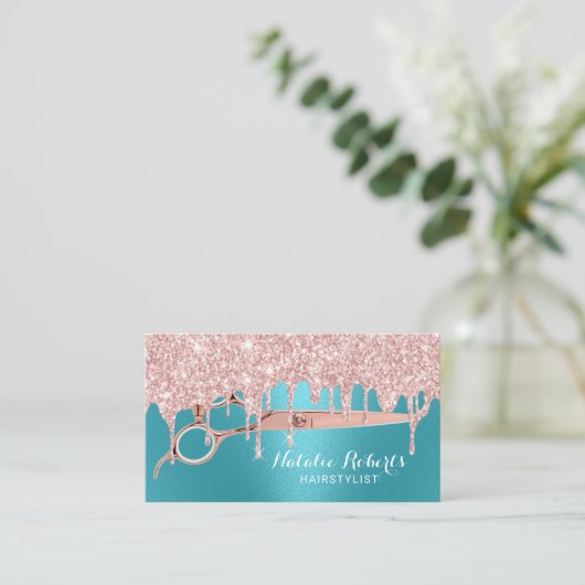Stylistische Rose Gold Tropfen Türkis Salon Visitenkarte (Stehend Vorderseite)