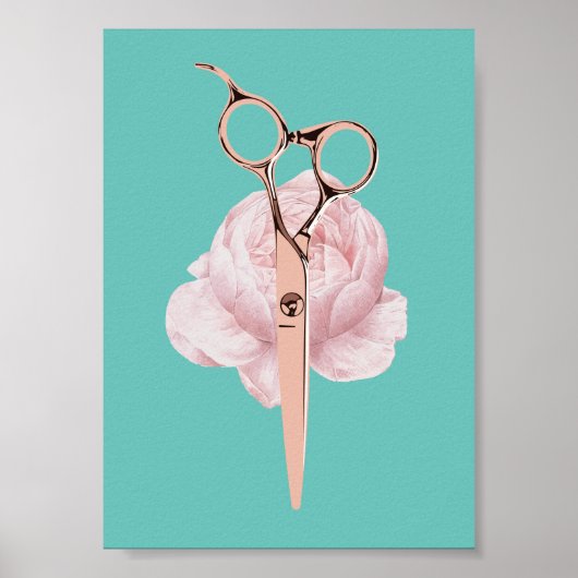 Stylistische Rose Goldschere & Blume Aquamariner S Poster (Vorne)