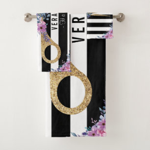 Stylistischer Glitzer Schere Beauty Streifen Badhandtuch Set