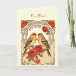 Stylized Birds and Red Roses Art Nouveau Karte