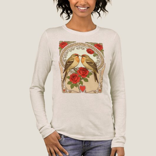 Stylized Birds and Red Roses Art Nouveau Tri-Blend Shirt (Vorderseite)