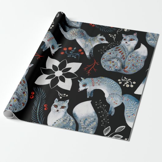  Stylized blue foxes with intricate floral designs Geschenkpapier (Ungerollt)