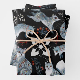  Stylized blue foxes with intricate floral designs Geschenkpapier Set