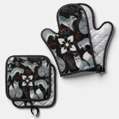  Stylized blue foxes with intricate floral designs Ofenhandschuh & Topflappen-Set (Vorderseite/Rückseite)