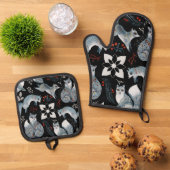  Stylized blue foxes with intricate floral designs Ofenhandschuh & Topflappen-Set (Oben Unten)