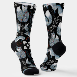  Stylized blue foxes with intricate floral designs Socken