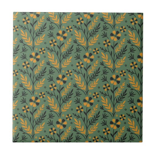 Stylized botanical orange and black floral pattern fliese (Vorderseite)