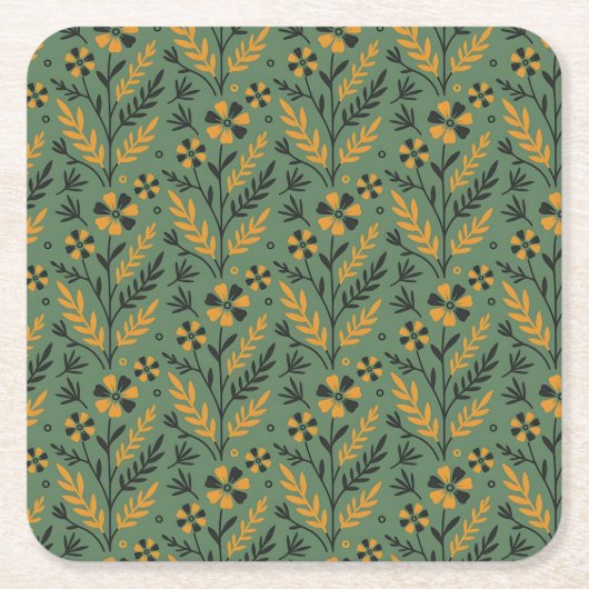 Stylized botanical orange and black floral pattern rechteckiger pappuntersetzer (Vorderseite)