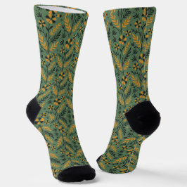 Stylized botanical orange and black floral pattern socken