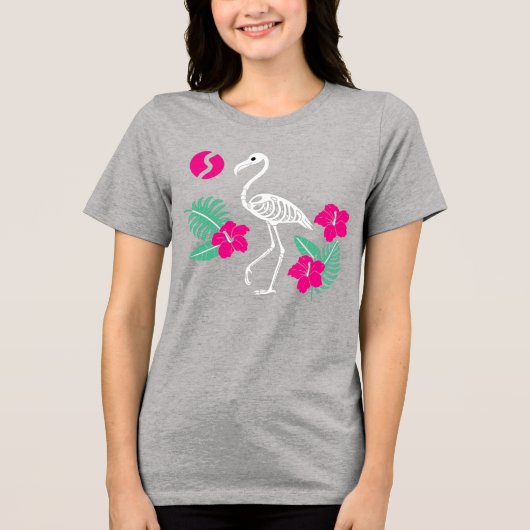 Stylized Flamingo Skeleton with Tropical Flowers Tri-Blend Shirt (Vorderseite)