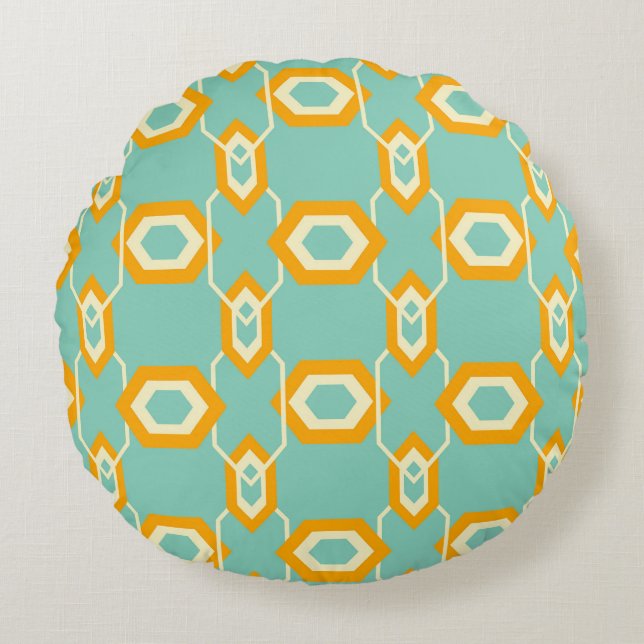 Stylized geometric pattern in bold orange hexagon rundes kissen (Vorderseite)