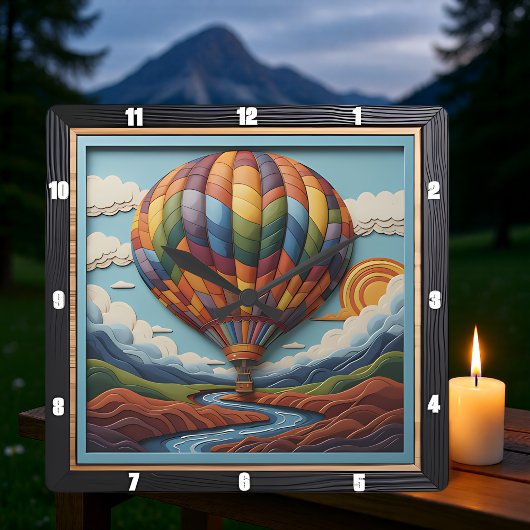 Stylized Hot Air Balloon River Valley Quadratische Wanduhr