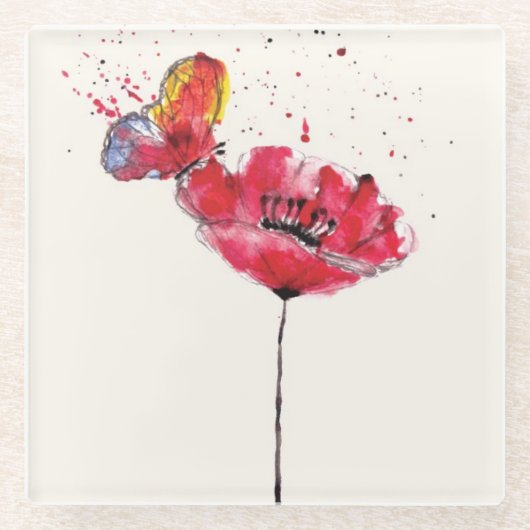 Stylized malte Watercolormohnblumen-Blume Glasuntersetzer (Vorderseite)