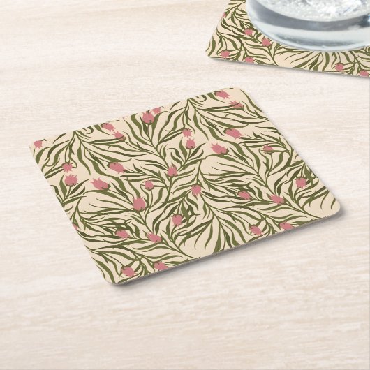 Stylized pink bell-shaped floral pattern rechteckiger pappuntersetzer (angewinkelt)