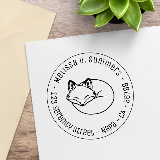 Stylized Sleeping Fox Round Address 3 Gummistempel