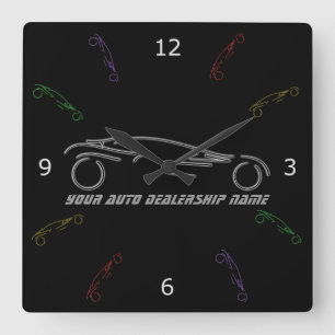 Stylized Sportscar - glowing neon auto shop design Quadratische Wanduhr