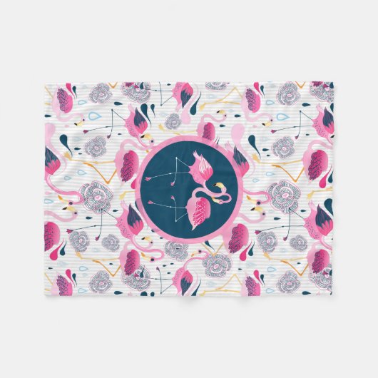 Stylized tropische Blumen u. rosa Flamingo-Muster Fleecedecke (Vorderseite (Horizontal))