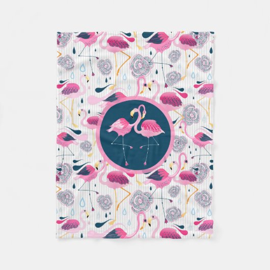 Stylized tropische Blumen u. rosa Flamingo-Muster Fleecedecke (Vorderseite)