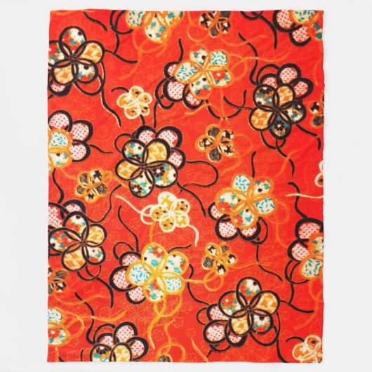 STYLIZIERTE BLUME, SCHWARZ-WEISSE RIBONS, HELL ROT FLEECEDECKE (Vorderseite)