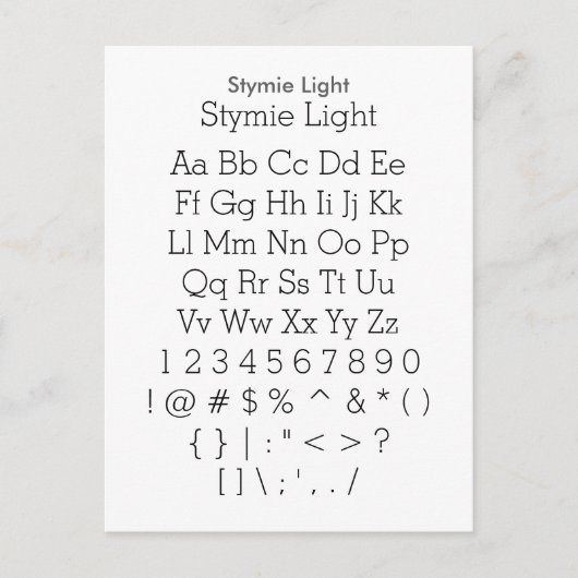 Stymie Light - Zazzle Schriftart Sampler Sheet Postkarte (Vorderseite)