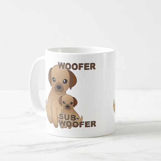 Sub-Woofer Hund Welpe Funny Mug oder Travel Mug Kaffeetasse (Vorderseite Links)