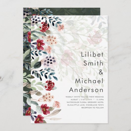 Sublime Burgundy Blue Wildblumen Wedding Elegant Einladung (Vorne/Hinten)