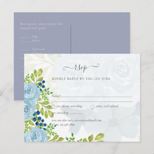 Sublime DUSTY BLUE Floral Wedding Suite Postkarte (Vorne/Hinten)