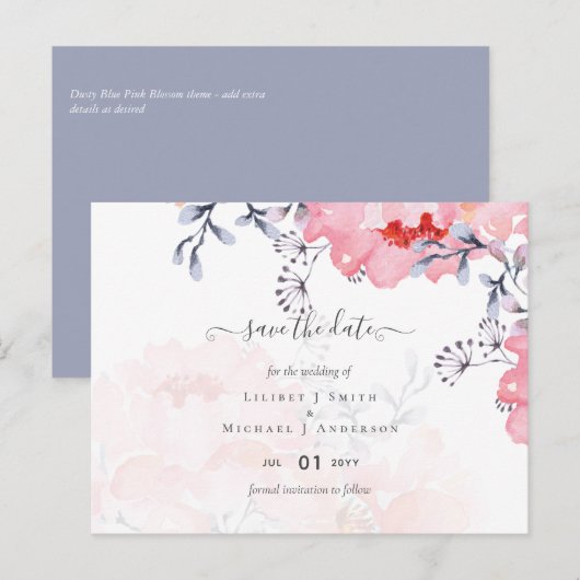 Sublime Dusty Blue Pink Blossom Wedding Suite Postkarte (Vorne/Hinten)