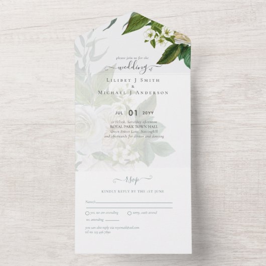 Sublime Dusty Blue und White Roses Wedding Suite All In One Einladung (Innen Boden)