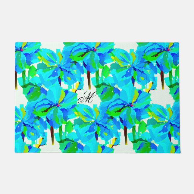 Sublime Himalayan Poppy Aqua Green Floral Muster Fußmatte (Vorderseite)