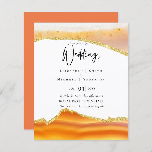 Sublime Orange Gold Agate Wedding INVITES BUDGET (Vorne/Hinten)