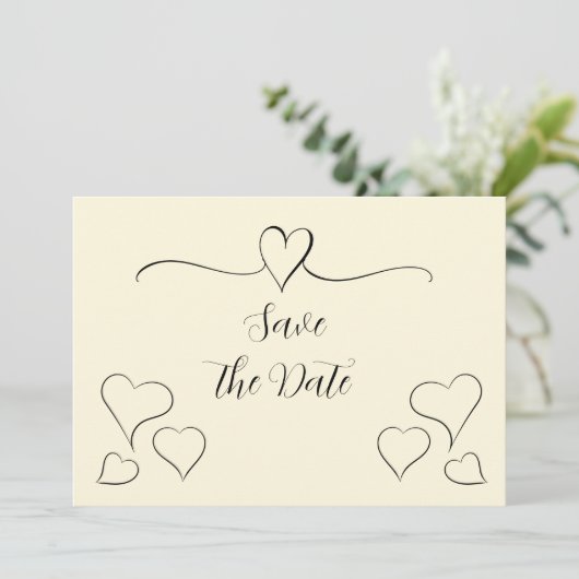 Subtile Cream Calligraphy Hearts Save the Date (Stehend Vorderseite)