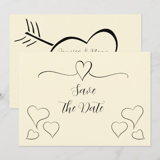 Subtile Cream Calligraphy Hearts Save the Date (Vorne/Hinten)