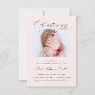 Subtile Cross Dusty Pink Script Christening Foto I Einladung