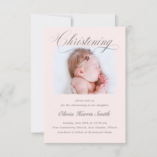 Subtile Cross Dusty Pink Script Christening Foto I Einladung (Vorderseite)