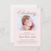 Subtile Cross Dusty Pink Script Christening Foto I Einladung (Vorne/Hinten)