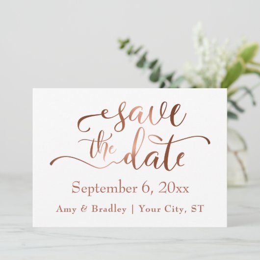 Subtile Elegante Copper Script Wedding Save the Da Date (Stehend Vorderseite)