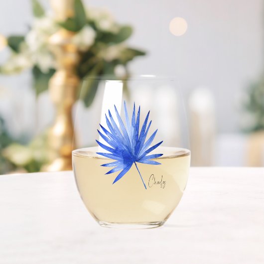Subtile Elegante Name auf Cobalt Tropical Palm Lea Weinglas Ohne Stiel (Insitu (Hochzeit))