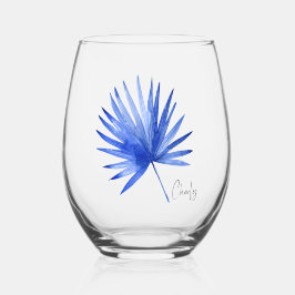 Subtile Elegante Name auf Cobalt Tropical Palm Lea Weinglas Ohne Stiel